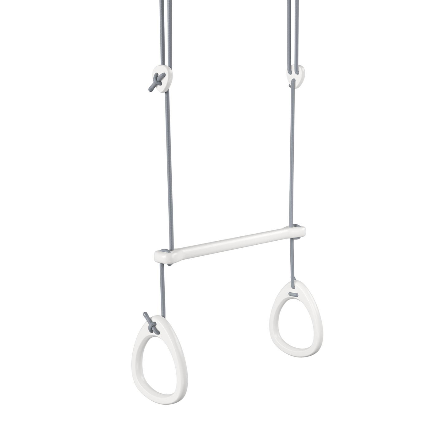 White gymnastic rings hanging from a bar on a white background