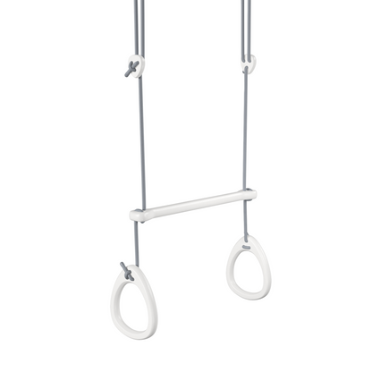 White gymnastic rings hanging from a bar on a white background