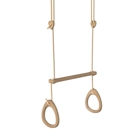 Beige gymnastic rings with a bar on a white background